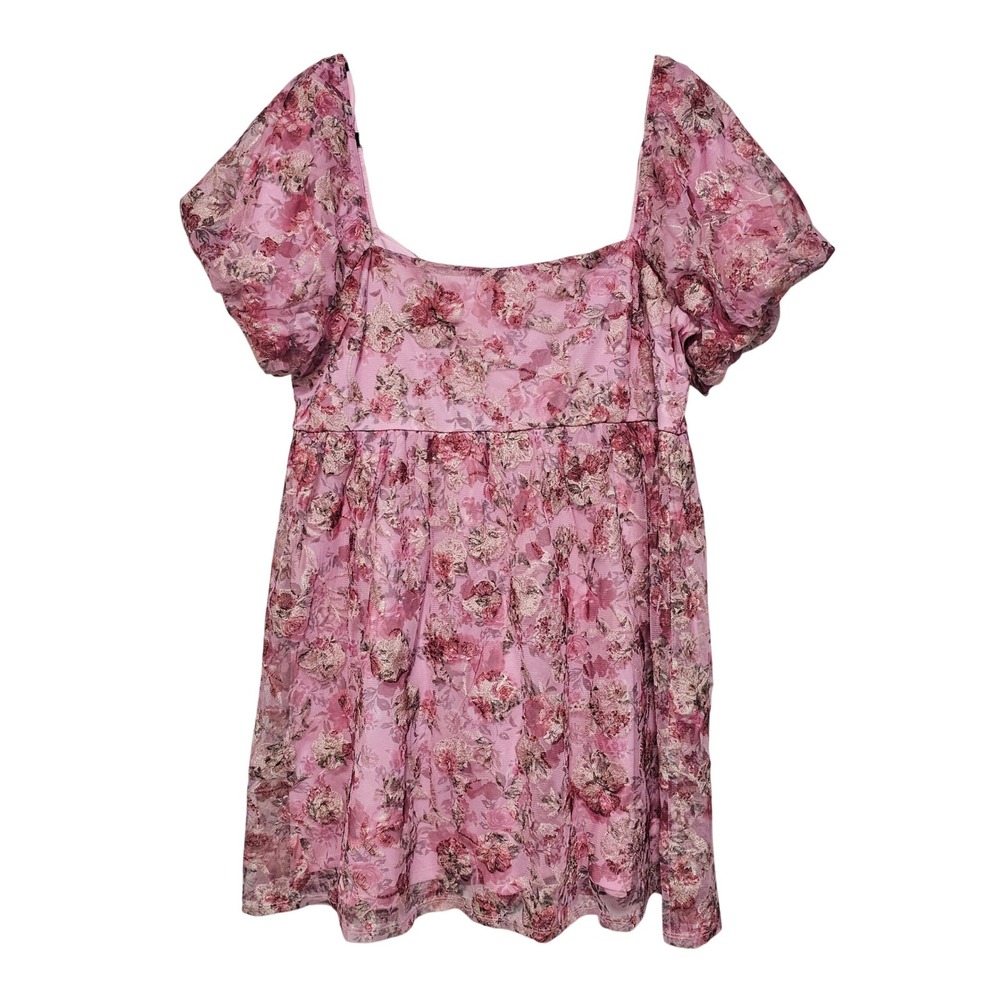 Pink Floral Mini Dress XL Embroidery Puff Sleeve Coquette Garden Party Brunch
